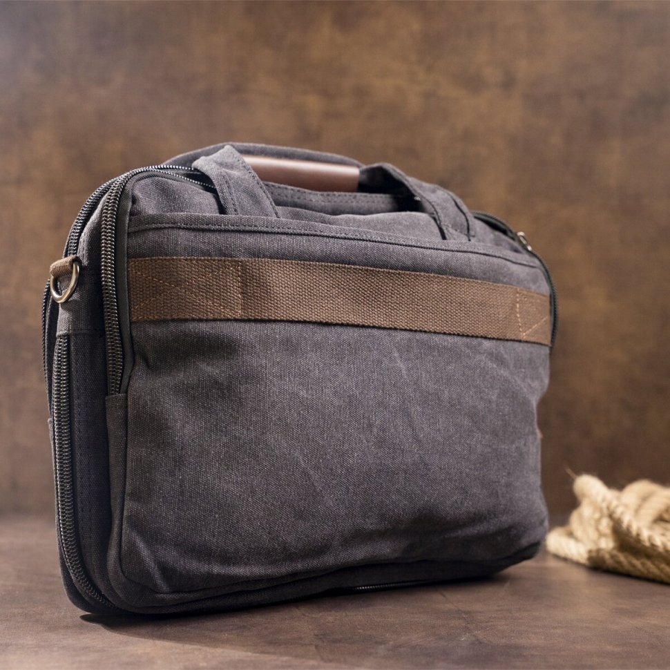 Чорна сумка для ноутбука з якісного текстилю на два відділення Vintage (20177)