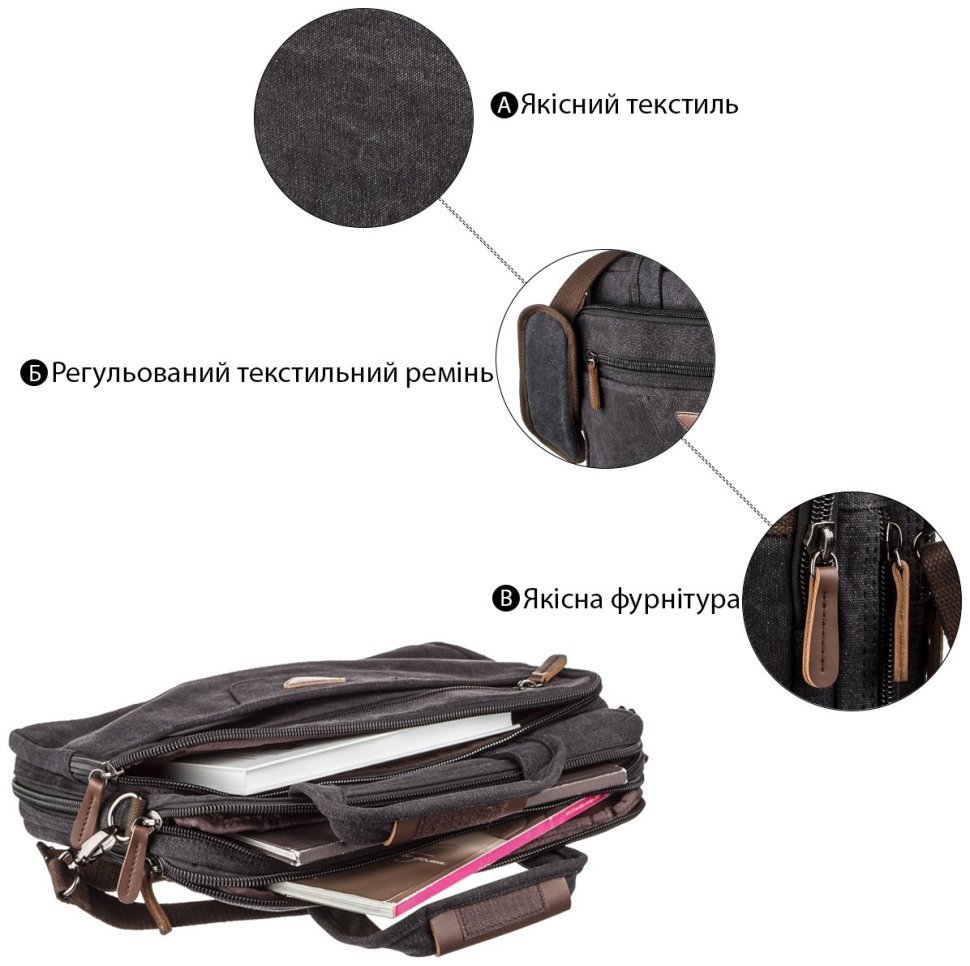 Черная сумка для ноутбука из качественного текстиля на два отделения Vintage (20177) modnotak фото №12