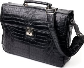 Вместительный мужской портфель из качественной кожи черного цвета с фактурой под крокодила KARYA (2420939)