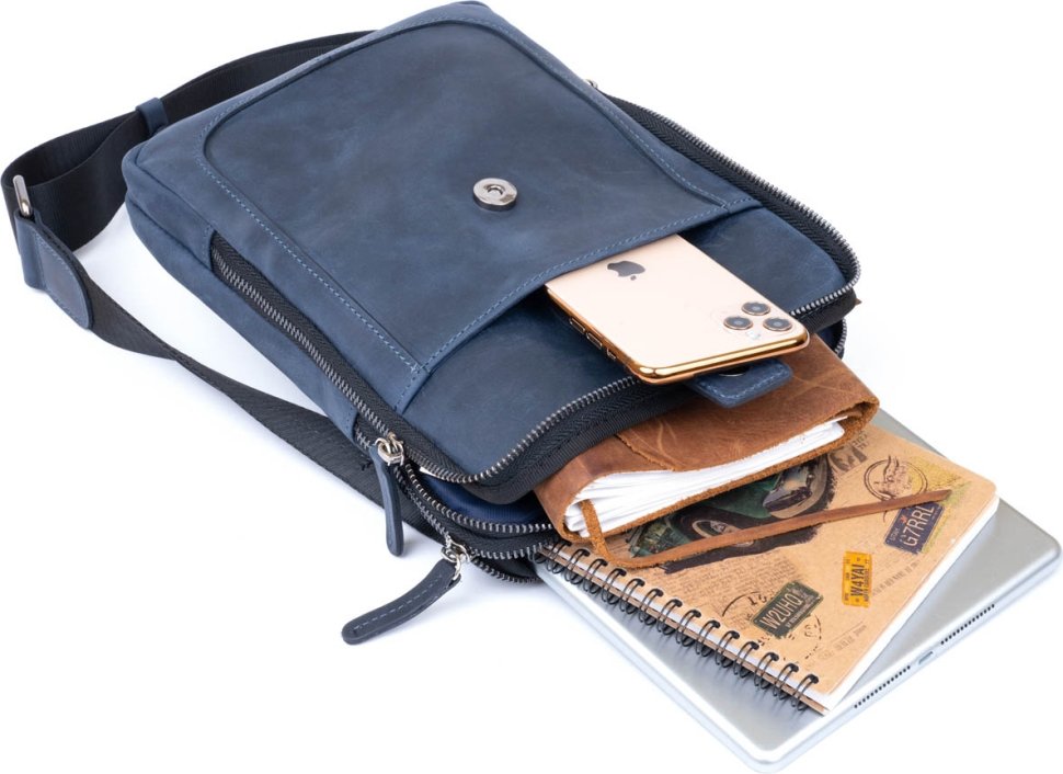 Мужская синяя сумка-планшет на два отделения из винтажной кожи SHVIGEL (11284)