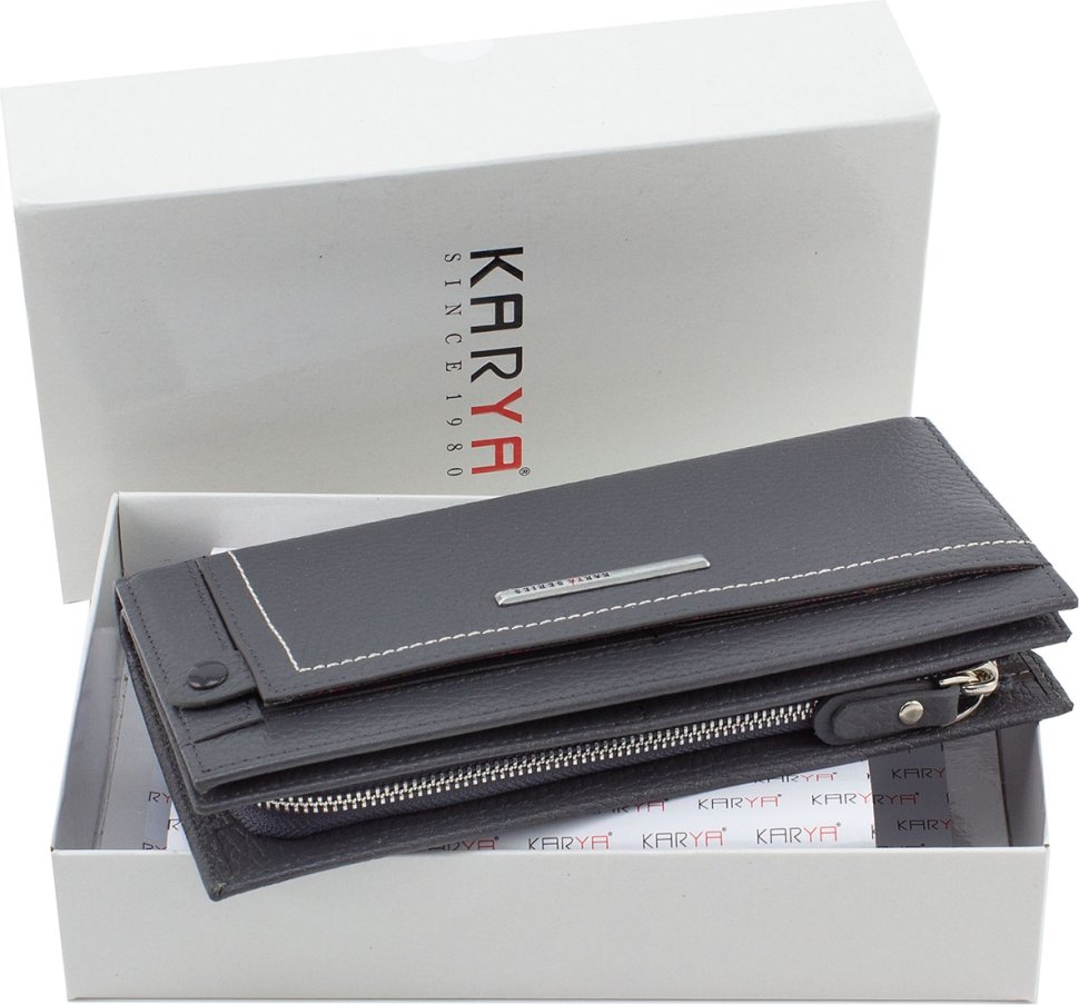 Темно-сірий довгий гаманець з натуральної шкіри під багато карт KARYA (21061)