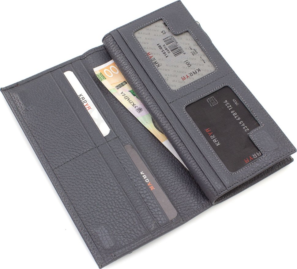 Темно-сірий довгий гаманець з натуральної шкіри під багато карт KARYA (21061)