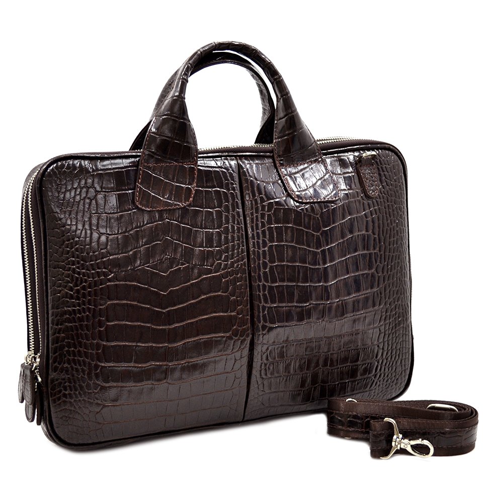Ділова сумка зі шкіри під крокодила в коричневому кольорі - DESISAN (11589)