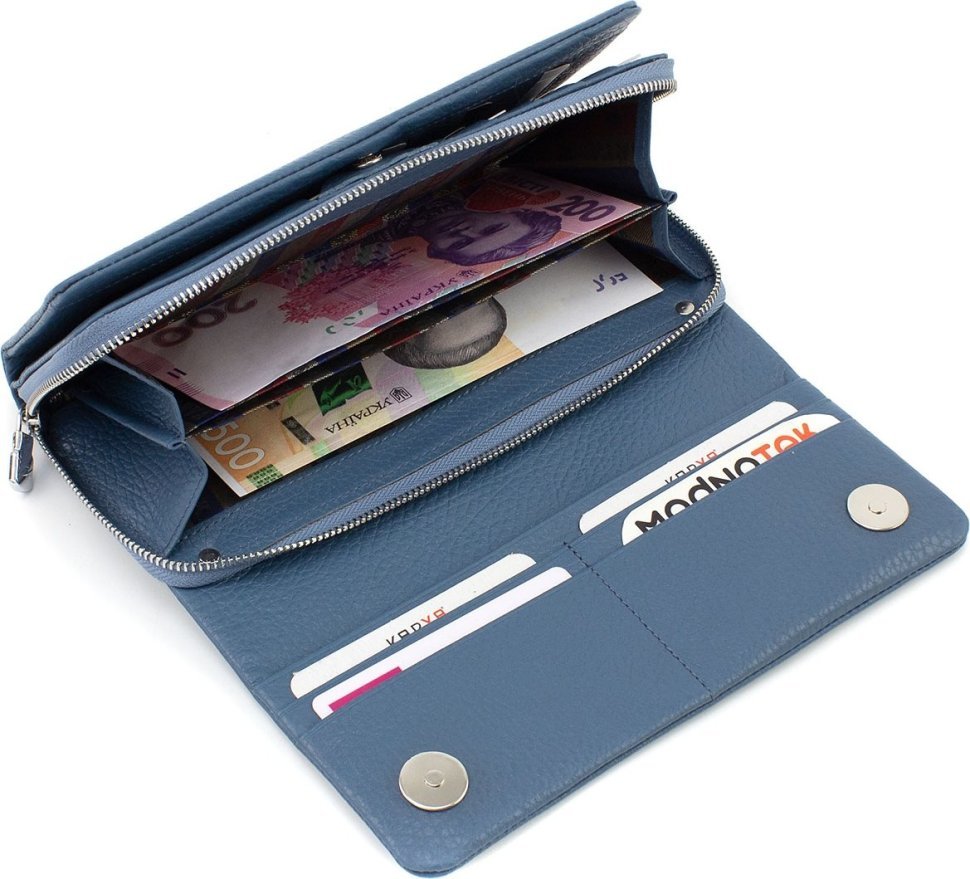Блакитний жіночий гаманець із натуральної шкіри флотар із блоком під карти KARYA (55853)