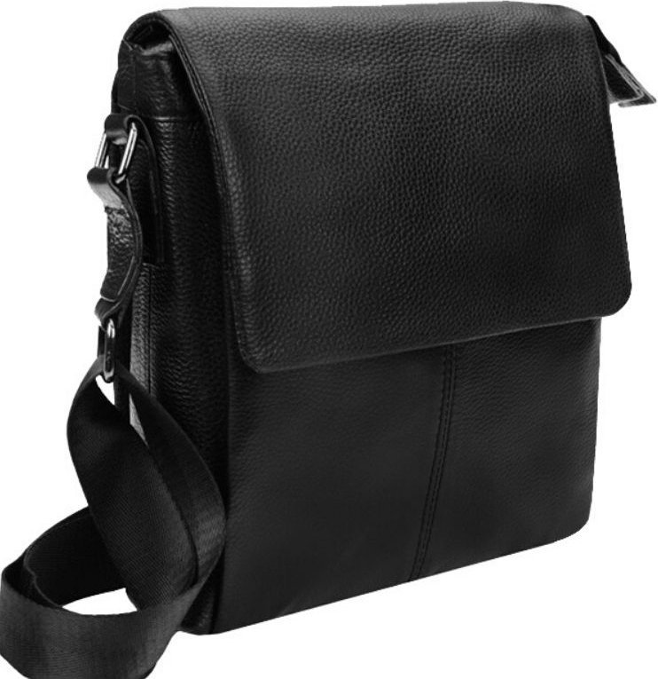 Черная мужская сумка из натуральной зернистой кожи с клапаном Borsa Leather (57353)