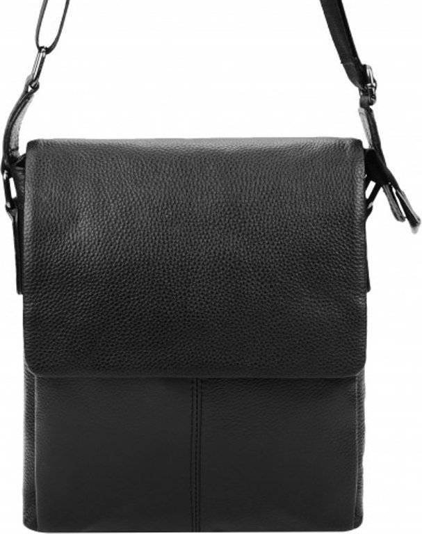 Чорна чоловіча сумка з натуральної зернистої шкіри із клапаном Borsa Leather (57353)