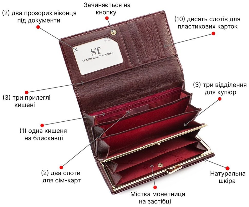 Лаковый женский кошелек бордового цвета ST Leather (16277) modnotak фото №4