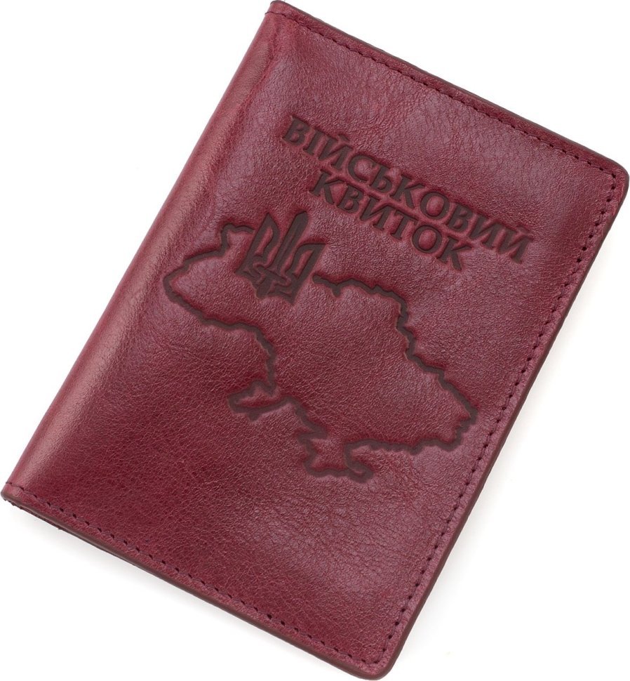 Марсаловая обложка для военного билета из натуральной итальянской кожи с принтом карты Украины - Grande Pelle (21956)