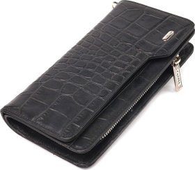 Якісний гаманець-клатч чорного кольору з натуральної шкіри з тисненням під крокодила CANPELLINI (2421543)