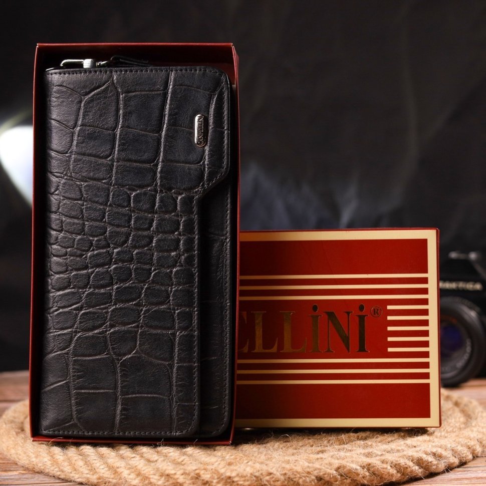 Якісний гаманець-клатч чорного кольору з натуральної шкіри з тисненням під крокодила CANPELLINI (2421543)