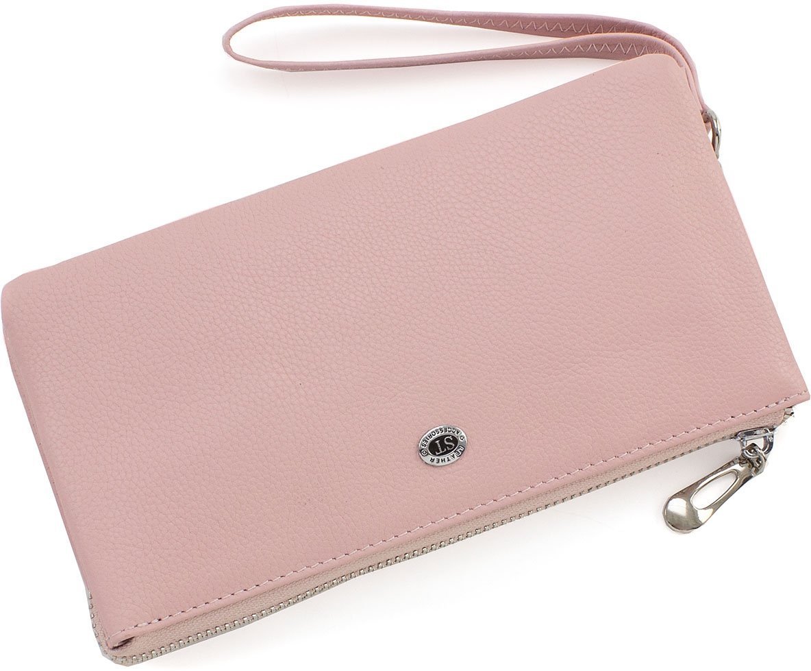 Шкіряний жіночий гаманець-клатч світло-рожевого кольору з блискавичною застібкою ST Leather (15332)