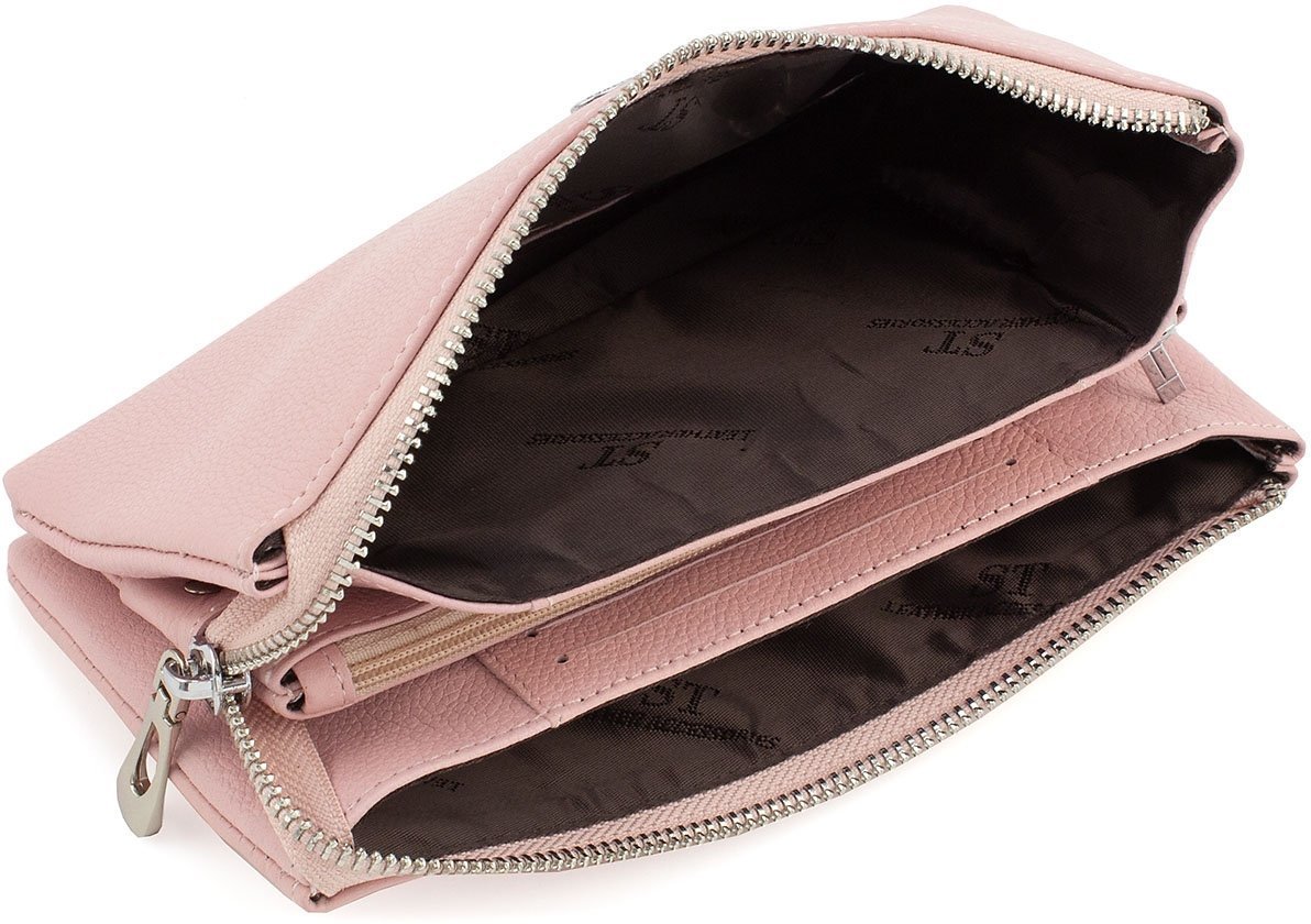 Шкіряний жіночий гаманець-клатч світло-рожевого кольору з блискавичною застібкою ST Leather (15332)