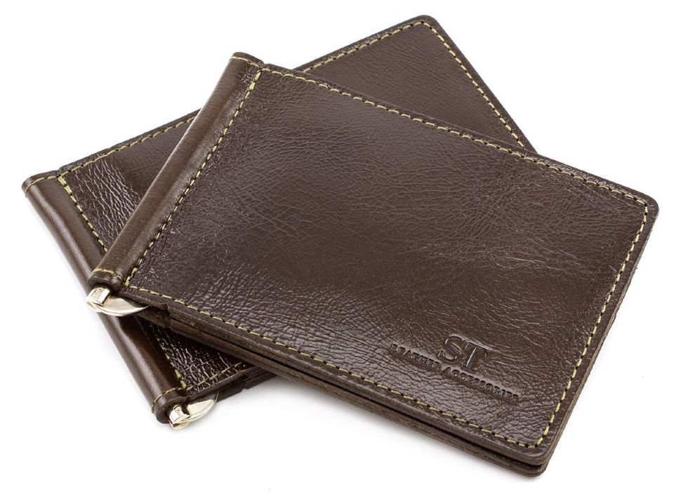 Коричневый зажим из гладкой кожи с зеленой строчкой ST Leather (16839) modnotak фото №1