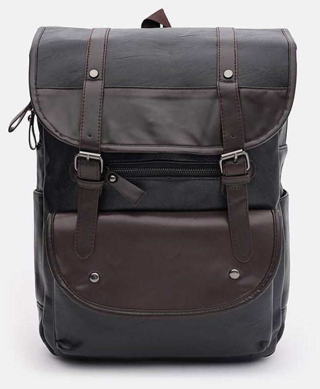 Великий чоловічий рюкзак з екошкіри чорного кольору з відкидним клапаном Monsen 71754