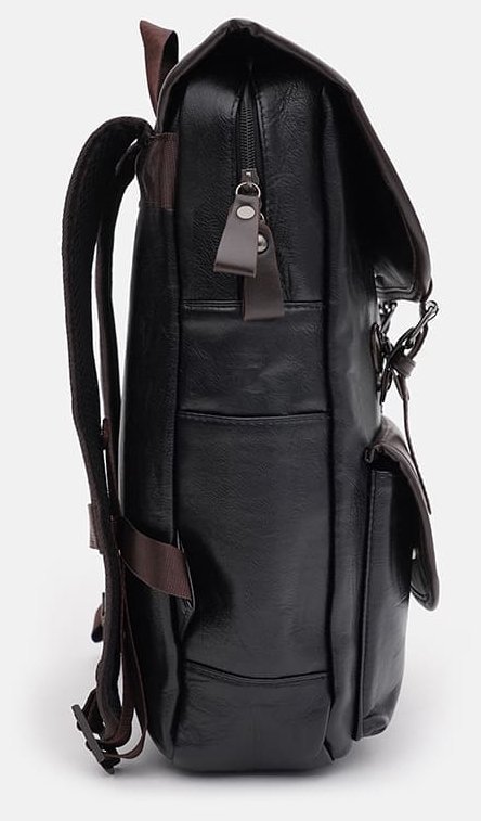Большой мужской рюкзак из экокожи черного цвета с откидным клапаном Monsen 71754