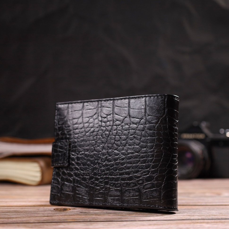 Чоловічий портмоне чорного кольору з натуральної шкіри з тисненням під крокодила CANPELLINI (2421790)