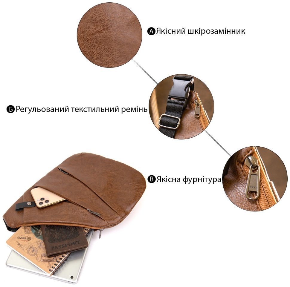 Светло-коричневая мужская сумка-слинг из кожзама Vintage (20567)