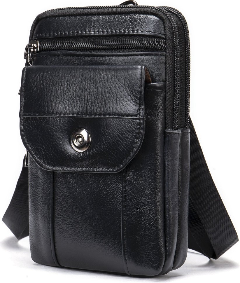 Кожаная маленькая мужская сумка на пояс черного цвета Vintage (20358)