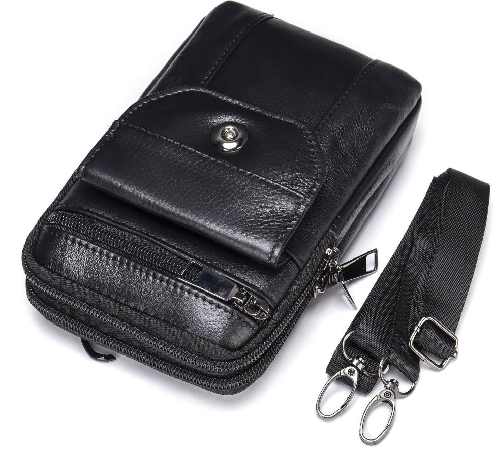 Кожаная маленькая мужская сумка на пояс черного цвета Vintage (20358)