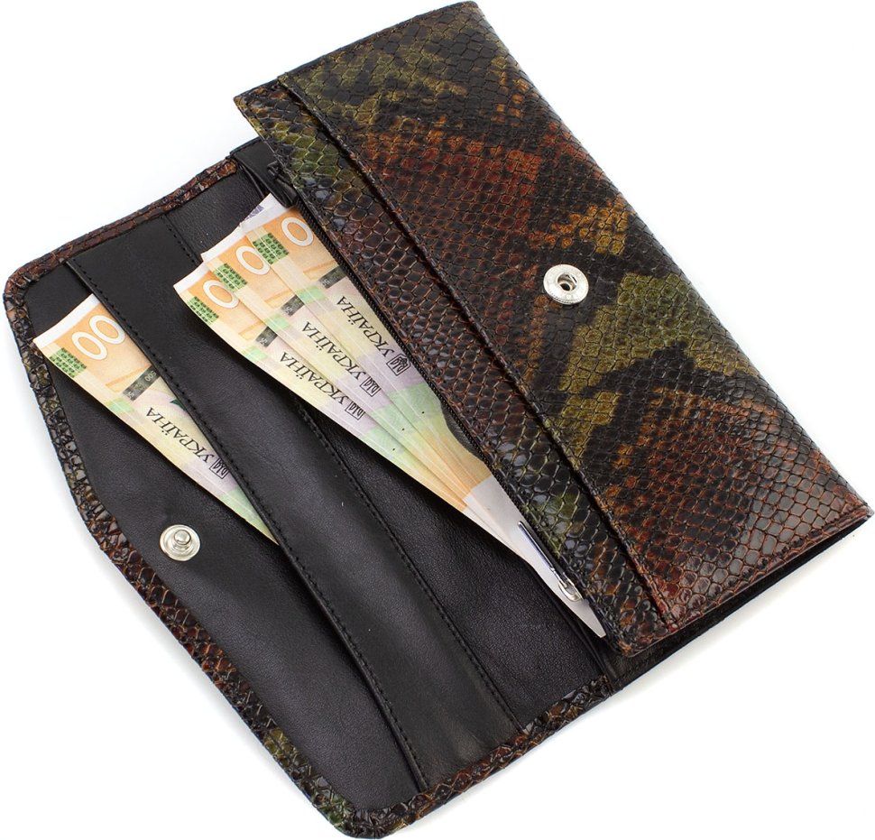 Різнобарвний жіночий гаманець класичного типу із натуральної шкіри з принтом під змію KARYA (21067)