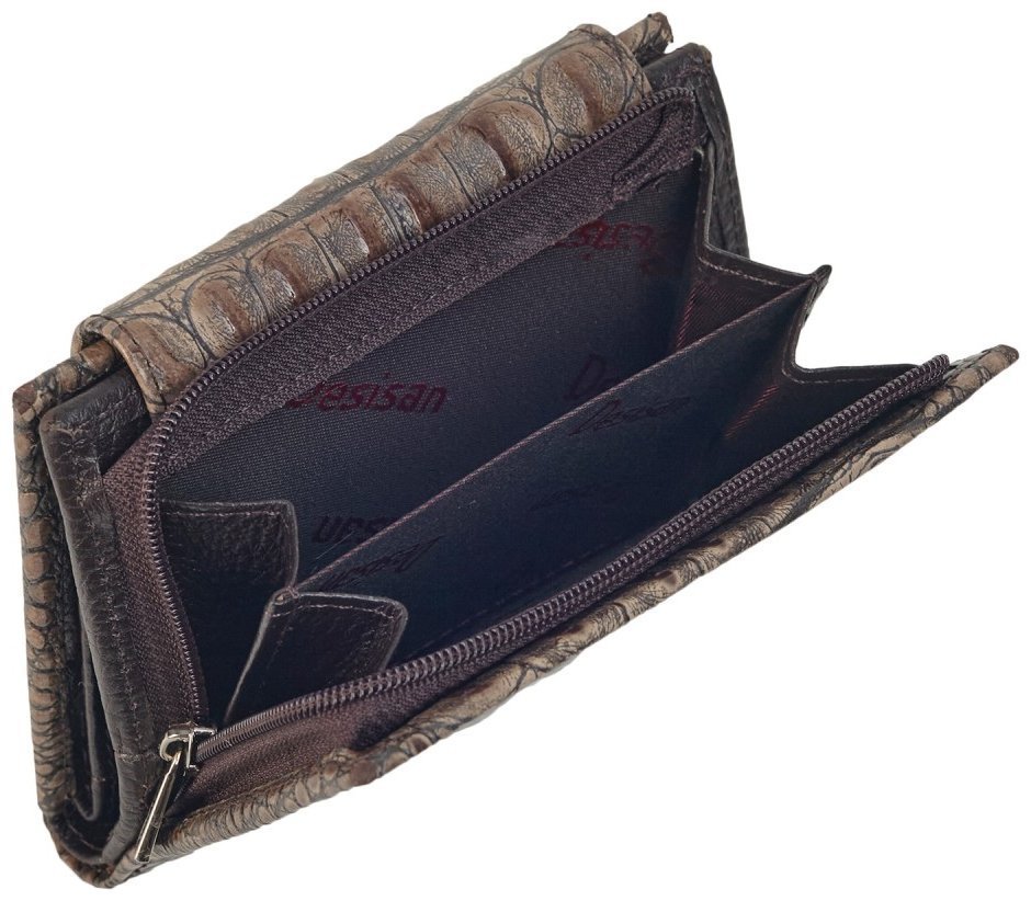 Компактный женский кошелек под фактуру крокодила с монетницей на молнии Desisan 106654 бежевого цвета modnotak фото №3