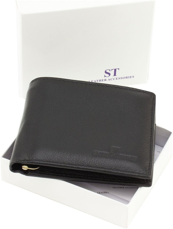 Чоловічий портмоне з натуральної шкіри чорного кольору з зажимом ST Leather 1767454