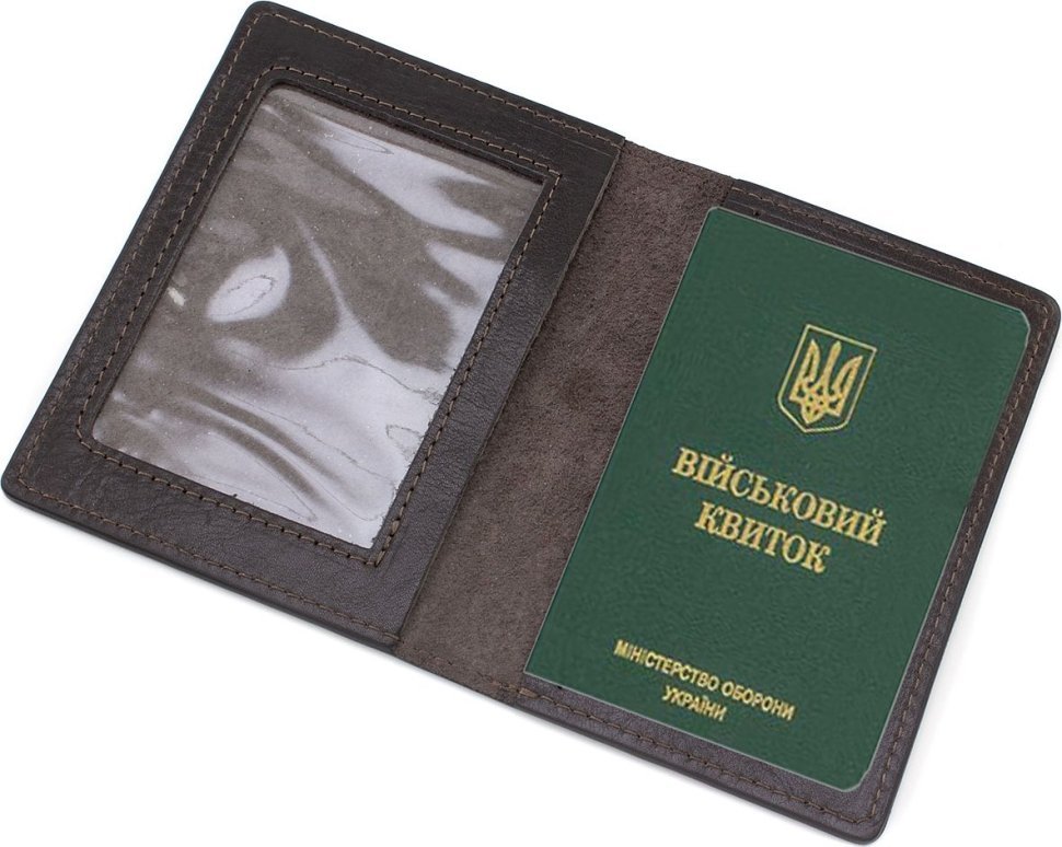 Коричнева обкладинка для військового квитка з італійської шкіри з картою України - Grande Pelle (21950)
