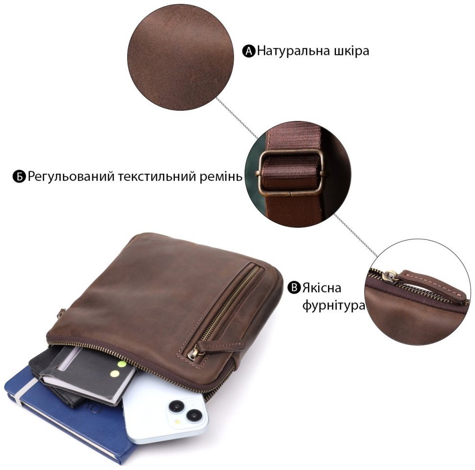 Повседневная мужская сумка из винтажной кожи с 1 основным отделением через плечо Shvigel коричневая 108354 modnotak фото №4