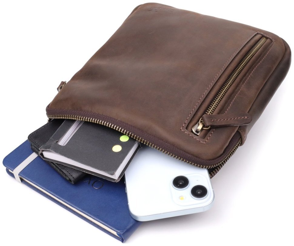 Повседневная мужская сумка из винтажной кожи с 1 основным отделением через плечо Shvigel коричневая 108354 modnotak фото №8