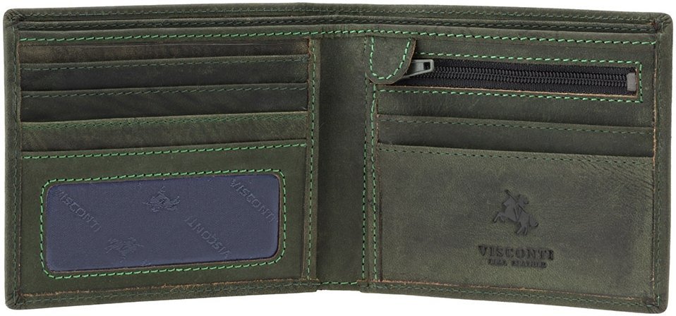 Чоловічий горизонтальний портмоне з вінтажної шкіри зеленого кольору Visconti Shield 69054