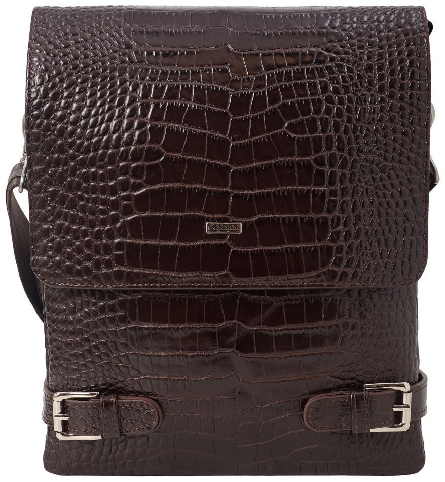 Мужская плечевая сумка среднего размера из натуральной кожи под крокодила в коричневом цвете DESISAN 81755 фото №1 Мужская плечевая сумка среднего размера из натуральной кожи под крокодила в коричневом цвете DESISAN 81755 modnotak фото №1