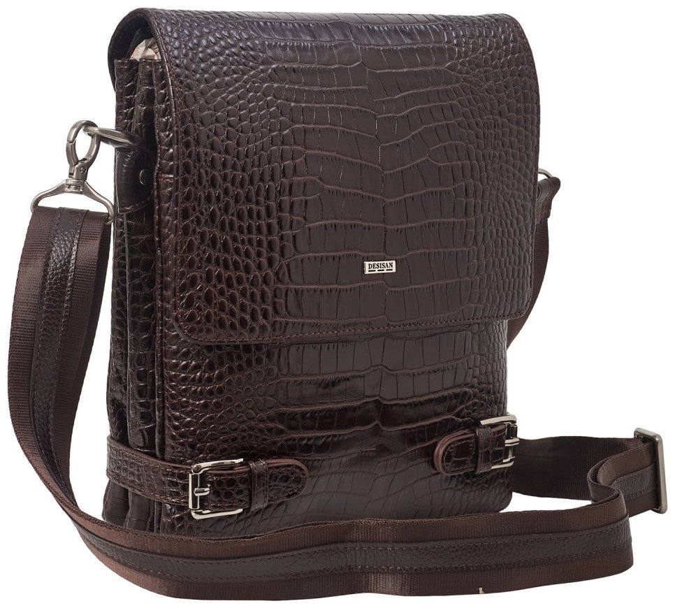 Мужская плечевая сумка среднего размера из натуральной кожи под крокодила в коричневом цвете DESISAN 81755 фото №2 Мужская плечевая сумка среднего размера из натуральной кожи под крокодила в коричневом цвете DESISAN 81755 modnotak фото №2