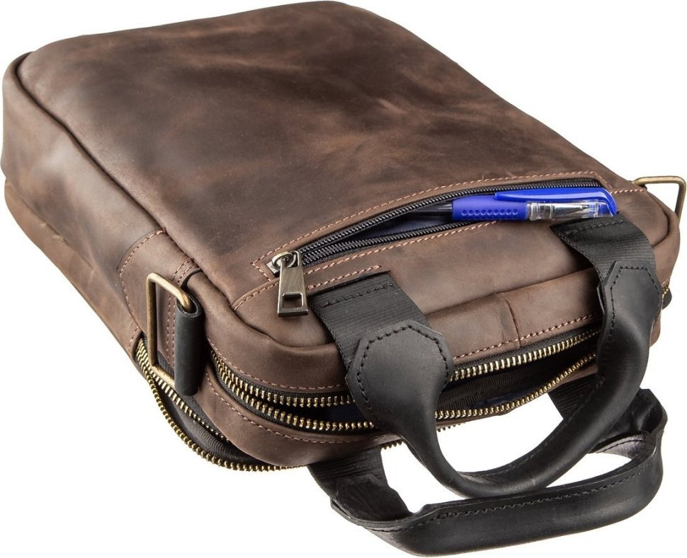 Чоловіча повсякденна сумка із вінтажної шкіри коричневого кольору з ручками SHVIGEL (2411182)