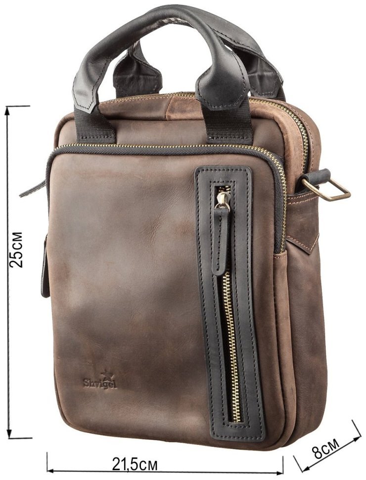 Чоловіча повсякденна сумка із вінтажної шкіри коричневого кольору з ручками SHVIGEL (2411182) modnotak фото №6