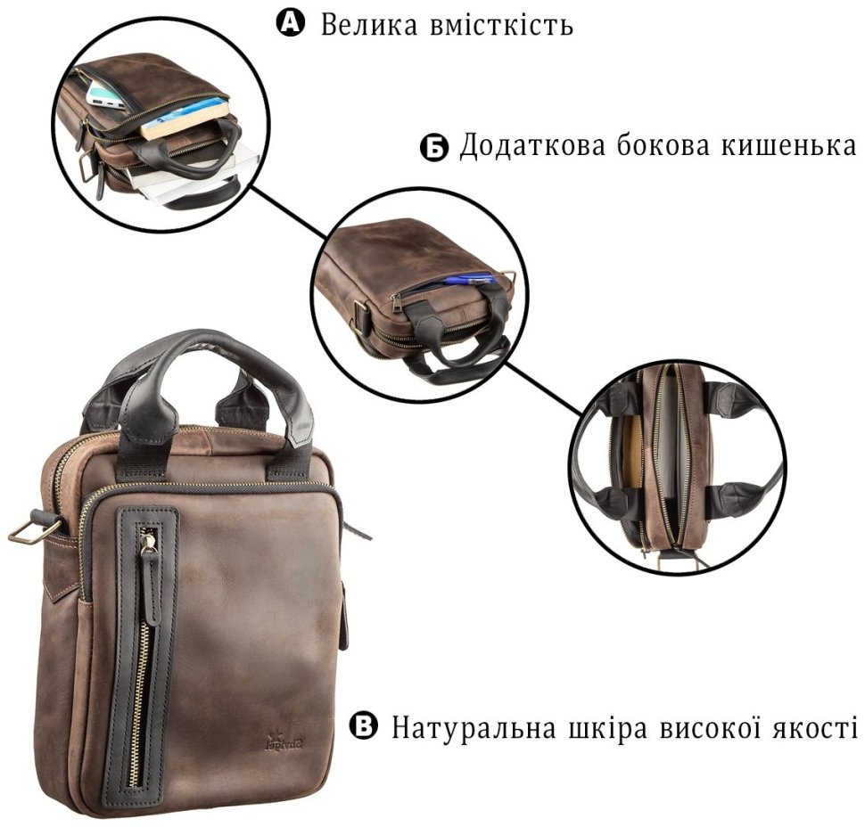 Чоловіча повсякденна сумка із вінтажної шкіри коричневого кольору з ручками SHVIGEL (2411182) modnotak фото №7