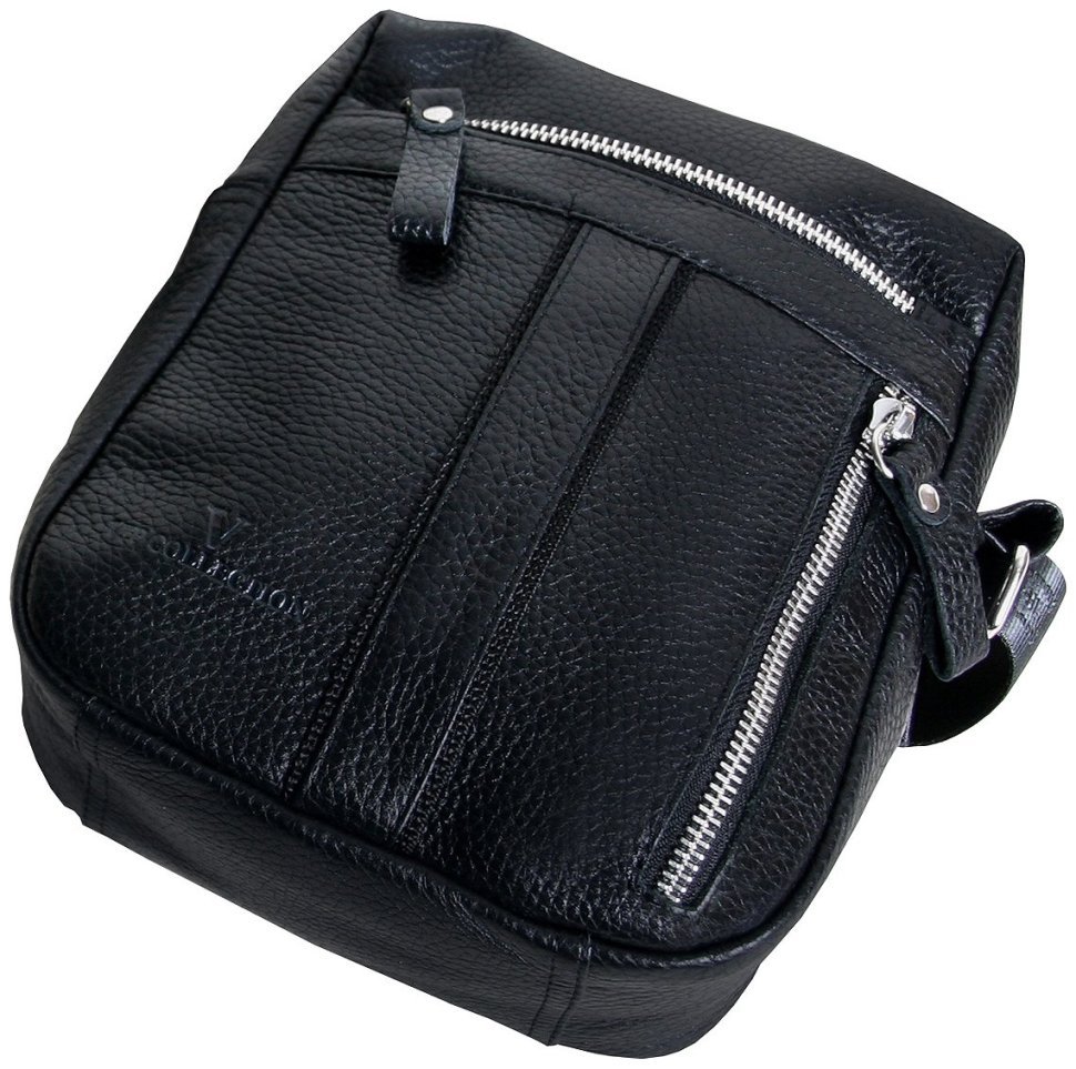 Компактна чоловіча сумка із фактурної шкіри чорного кольору через плече Vip Collection 102655 modnotak фото №4