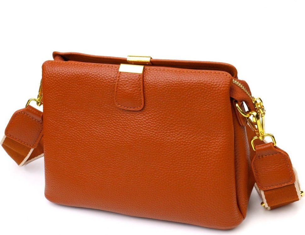 Стильна жіноча сумка на три відділення з натуральної шкіри рудого кольору Vintage (2422105)