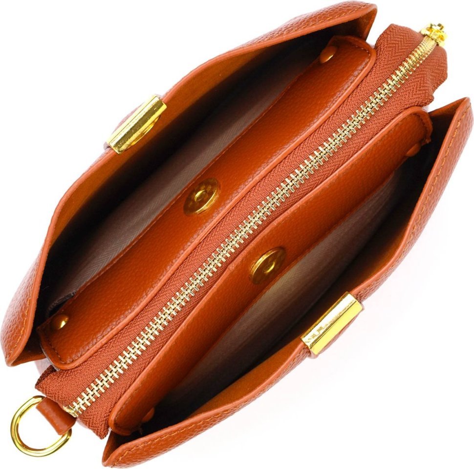 Стильная наплечная женская сумка на три отделения из натуральной кожи рыжего цвета Vintage (2422105)