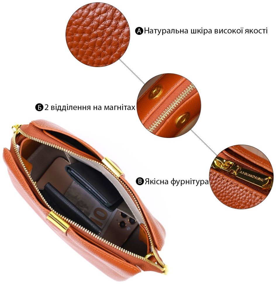Стильная наплечная женская сумка на три отделения из натуральной кожи рыжего цвета Vintage (2422105) modnotak фото №10