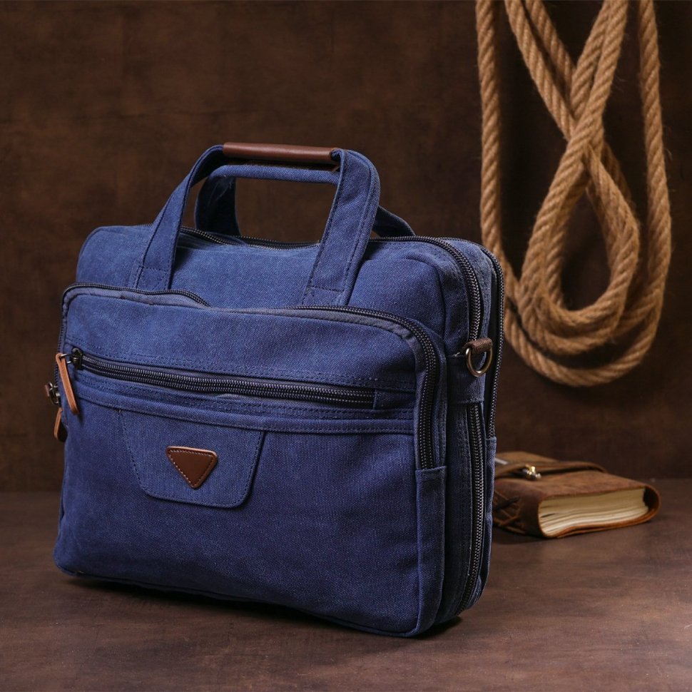 Синя сумка для ноутбука з текстилю на два відділення Vintage (20179)