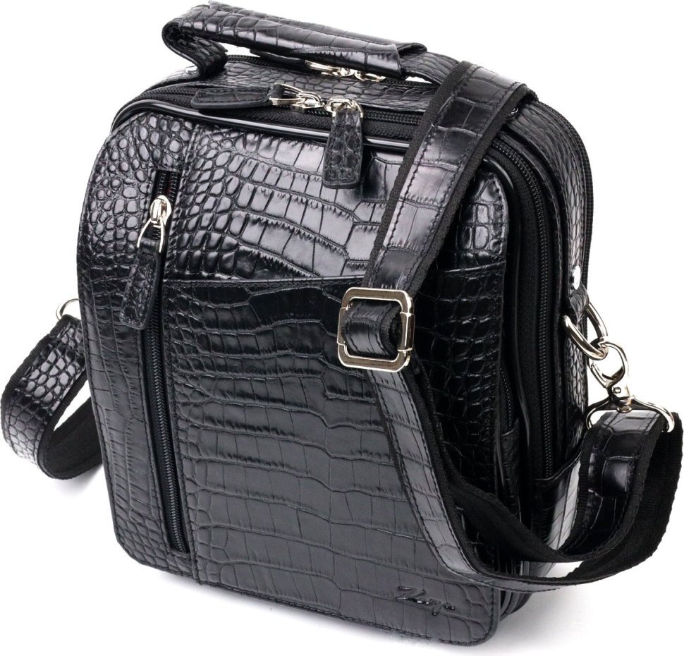Черная мужская сумка-барсетка с ручкой из фактурной кожи под крокодила KARYA (2420941)