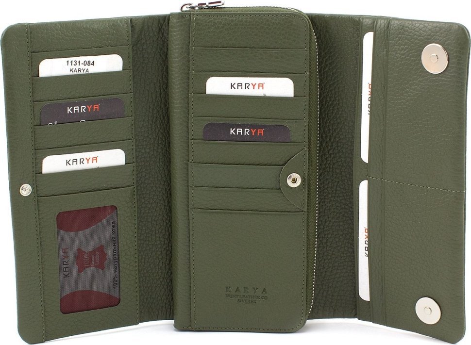 Великий жіночий гаманець із фактурної шкіри зеленого кольору з блоком під карти KARYA (55855)