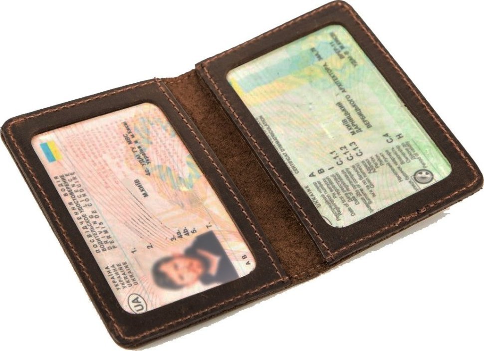 Шкіряна мініатюрна обкладинка для водійських прав та ID-паспорта в темно-коричневому кольорі Shvigel (2413964)