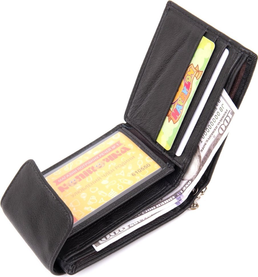 Універсальне чорне портмоне з натуральної шкіри на ланцюжку під купюри та карти Vintage (2420424)
