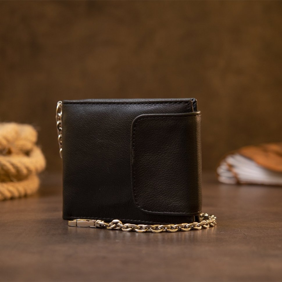 Универсальное черное портмоне из натуральной кожи на цепочке под купюры и карты Vintage (2420424)