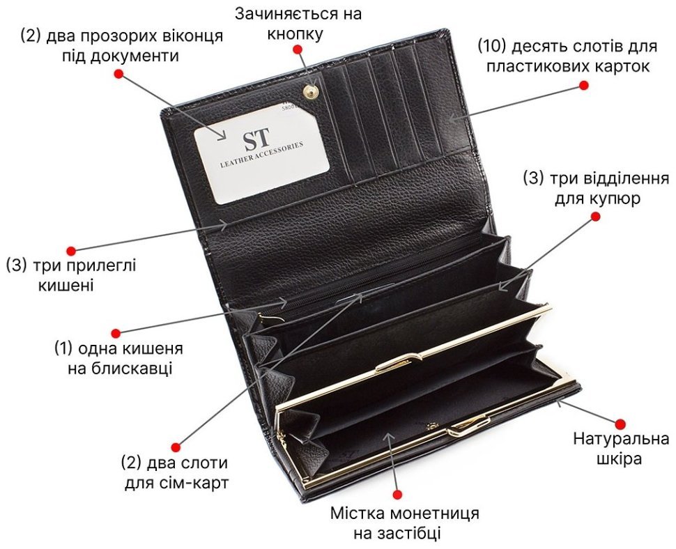 Черный лаковый кошелек с узором под рептилию ST Leather (16279) фото №4 Черный лаковый кошелек с узором под рептилию ST Leather (16279) modnotak фото №4