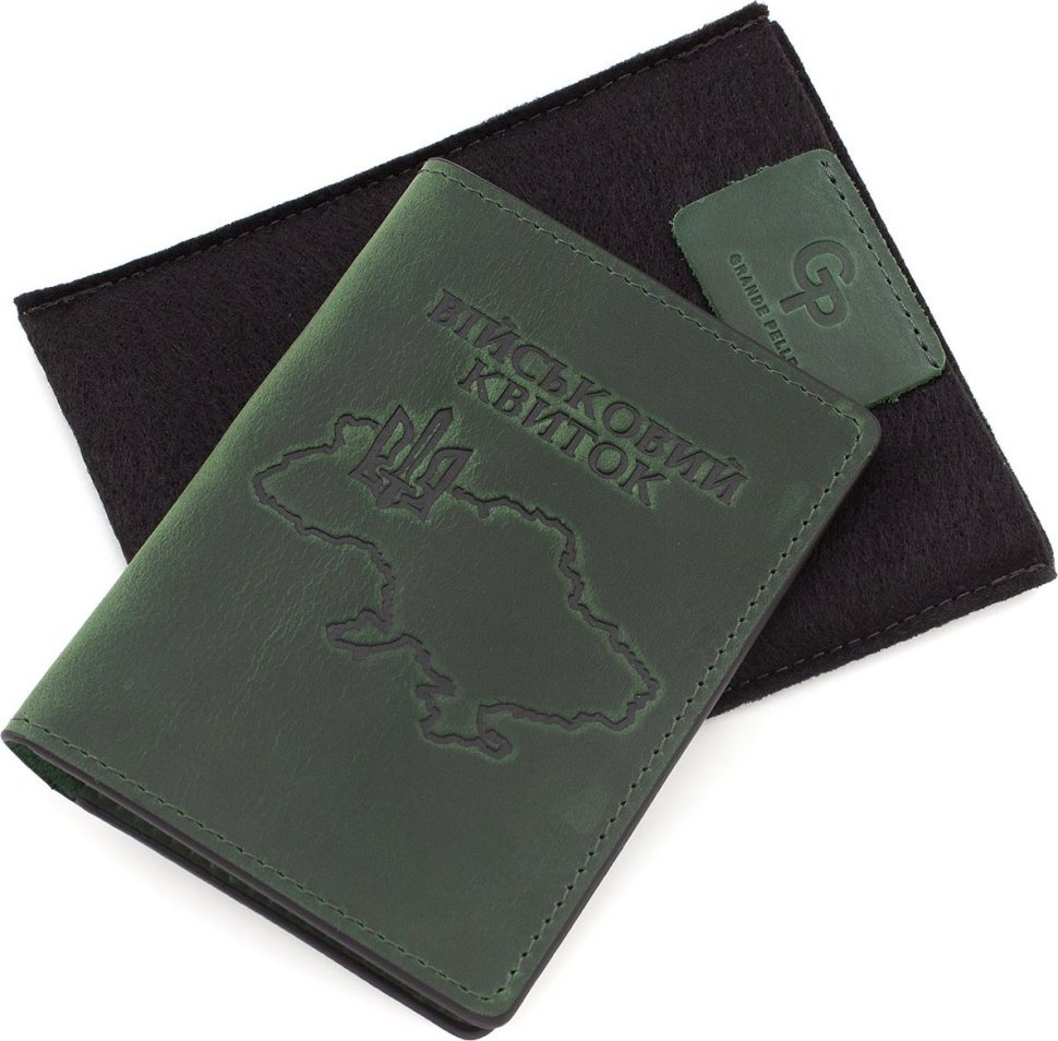Зеленая обложка для военного билета из винтажной кожи с картой Украины - Grande Pelle (21951)