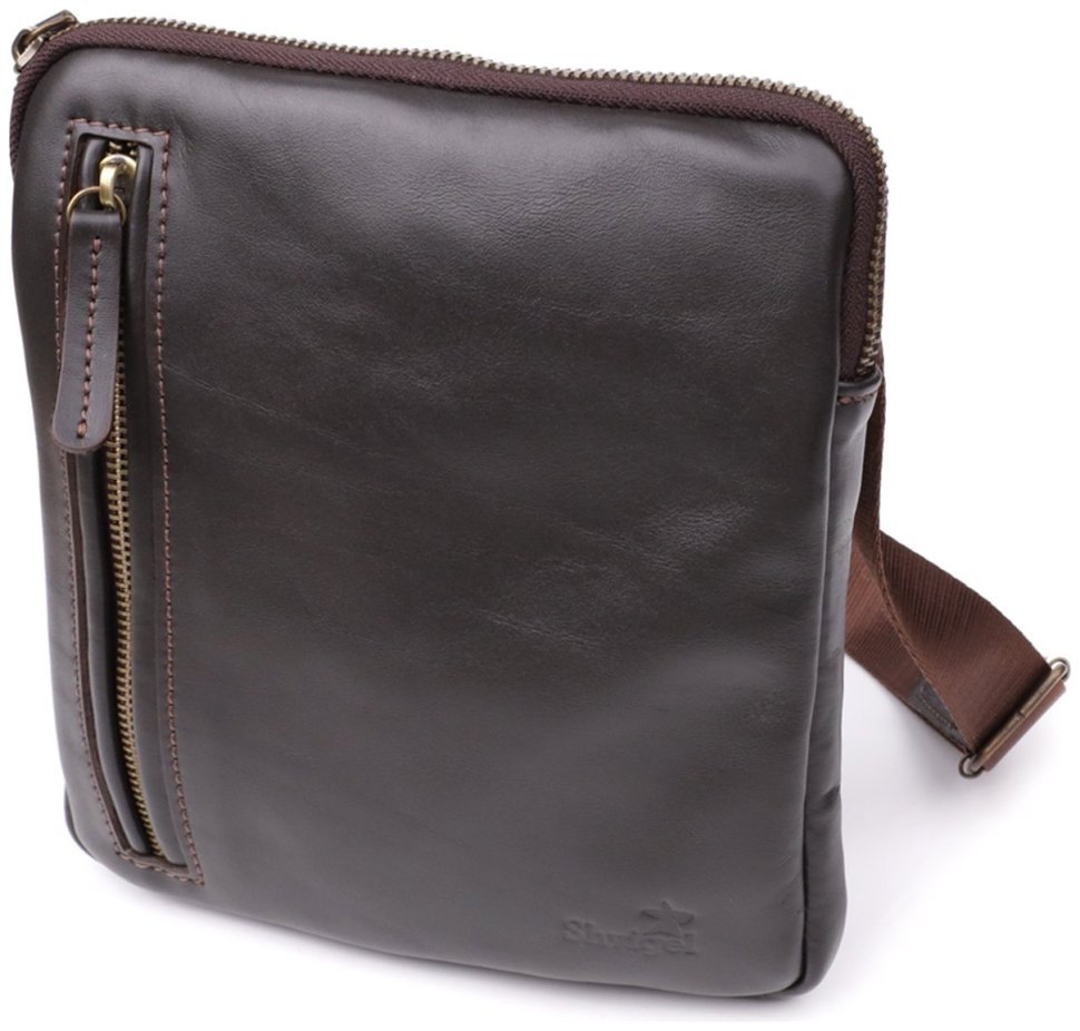Мужская сумка планшет на молнии из гладкой кожи коричневого цвета Shvigel через плечо 108355 modnotak фото №1