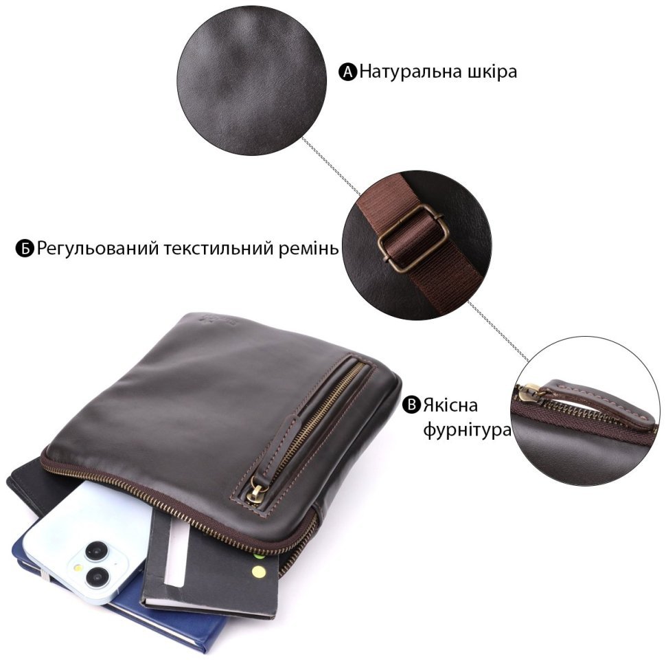 Мужская сумка планшет на молнии из гладкой кожи коричневого цвета Shvigel через плечо 108355 modnotak фото №4