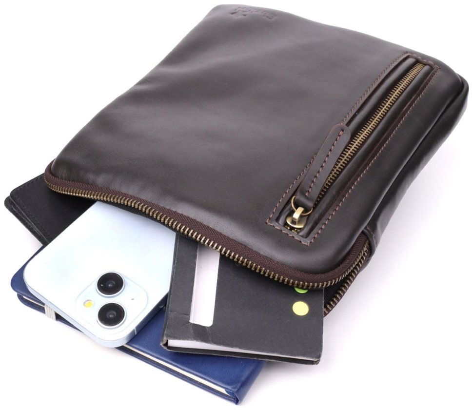 Мужская сумка планшет на молнии из гладкой кожи коричневого цвета Shvigel через плечо 108355 modnotak фото №8